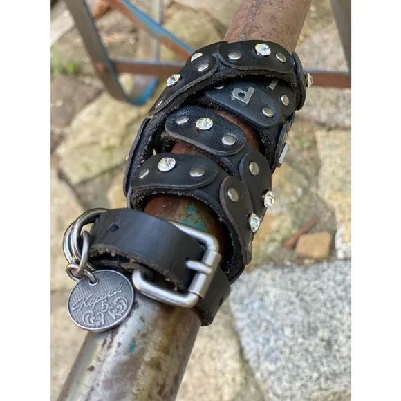 VNtG Y2K KAPORAL Leather Stud Rhinestone Skinny Belt Black Silver Wrap 90cm 34in - Picture 12 of 14